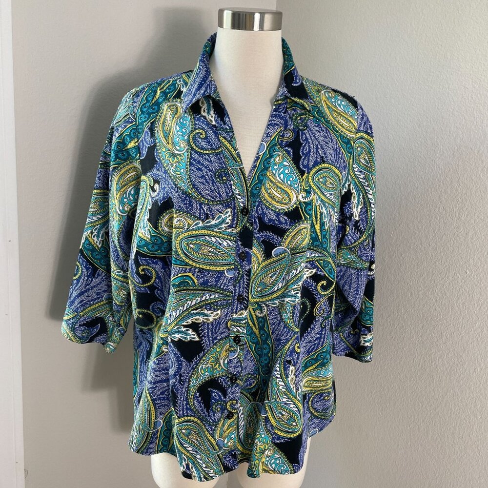 212 Collection Womens Plus 1X Stretch Paisley Button Up Blouse 3/4 Sleeve Shirt‎